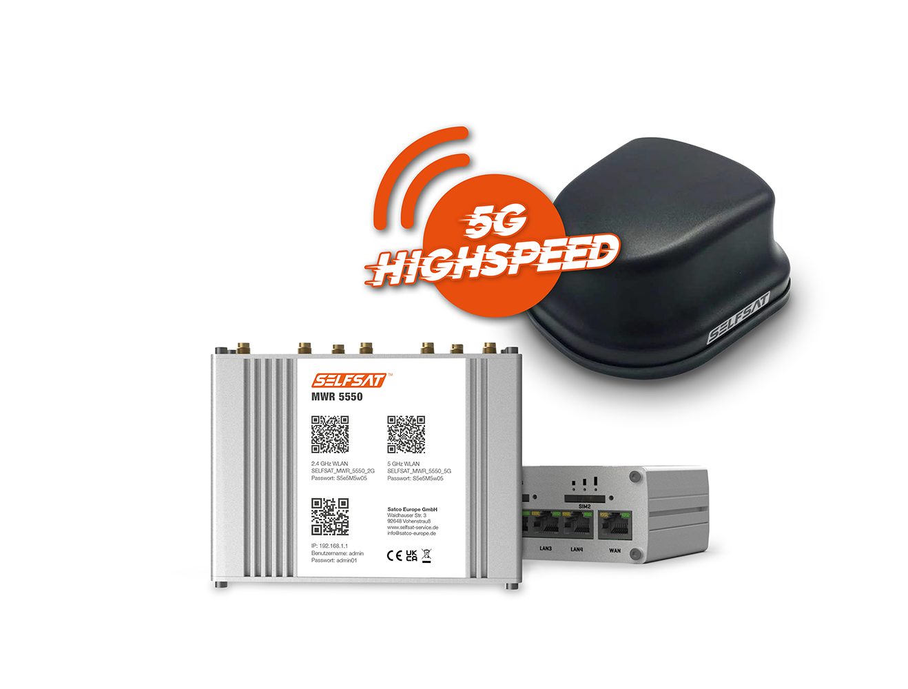 SELFSAT MWR 5550 ( 4G / LTE / 5G & WLAN Internet Router bis 3,3 Gbps inkl. 5G Dachantenne 