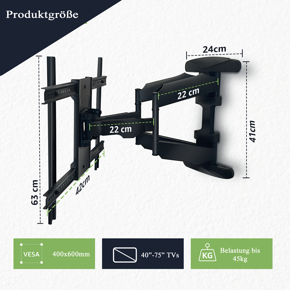 TV Wandhalter Einstellbare, Neigbare und Schwenkbar 40-75 Zoll (100-189cm) bis 45kg