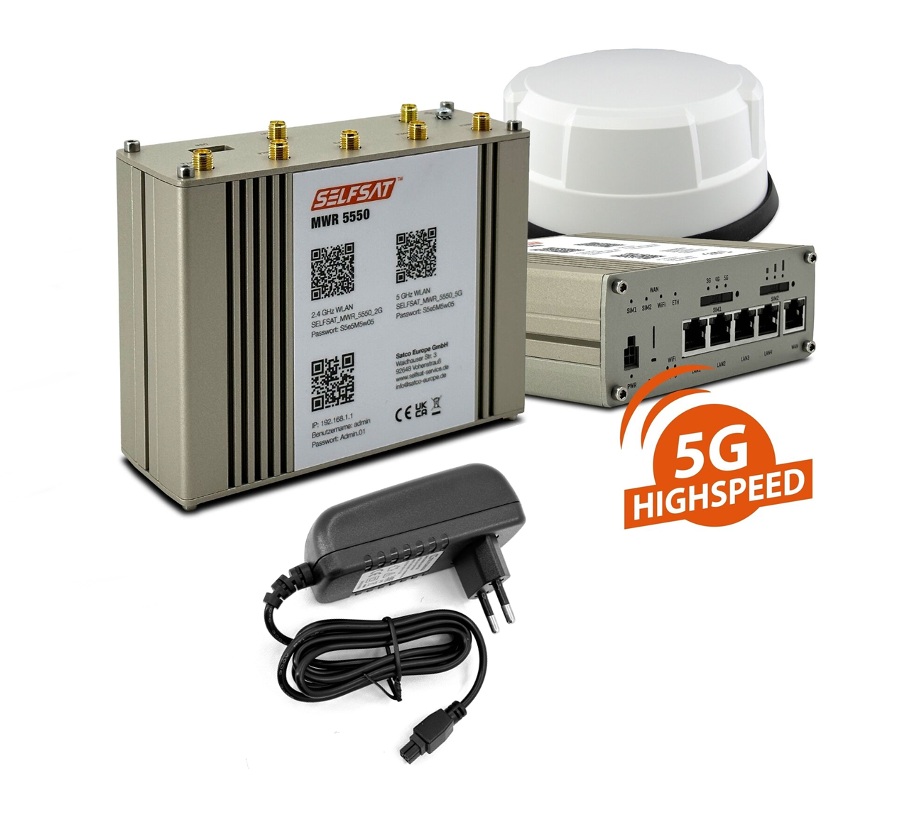 SELFSAT MWR 5550 mit Panorama Antenne weiß (4 x 5G/4G, 2 x WLAN, 1 x GPS, 1x EU 18W Netzteil Gratis )